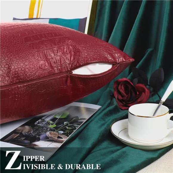 Faux Leather Pillow Covers 12X20 Inches, Deep Red Leather Pillow Covers Pack of2 - Picture 6 of 6
